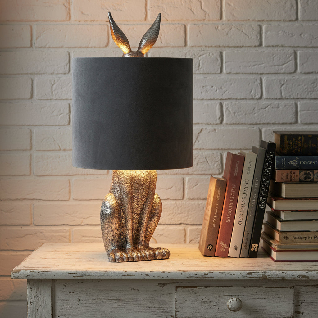 Silver Hare Table Lamp with grey velvet shade, handcrafted resin sculpture, and sophisticated silver finish. by sostter at brixbailey.com