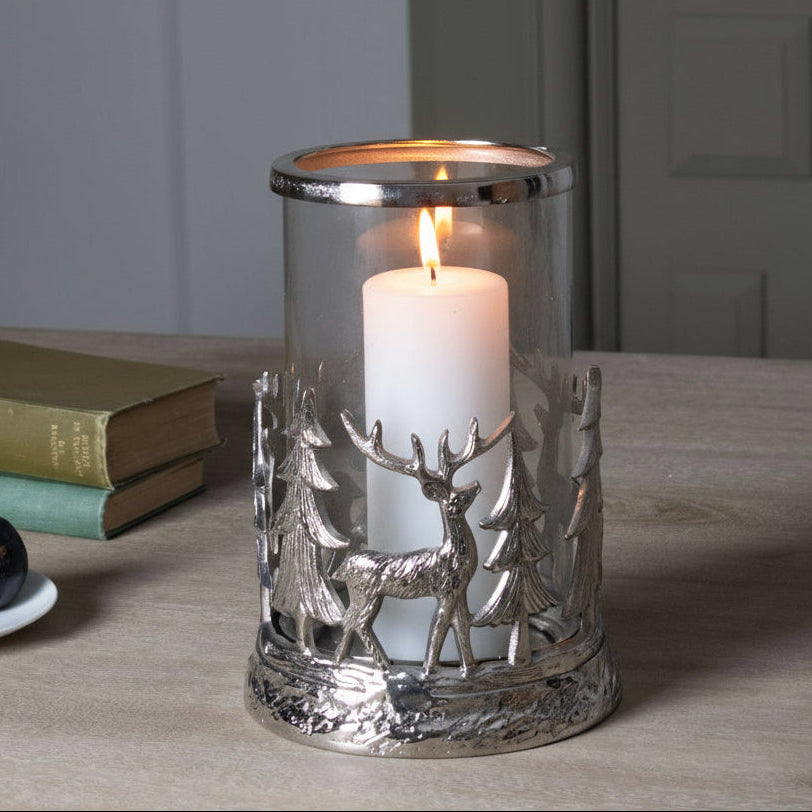 Silver stag hurricane lantern with frosted glass, intricate woodland metalwork in elegant silver finish by sostter at brixbailey.com