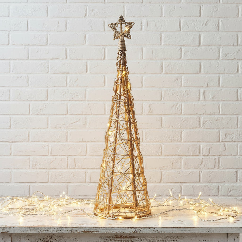 Handwoven LED wicker tree with warm white lights, natural brown fibers, and star-topped design, 100cm tall. by sostter at brixbailey.com