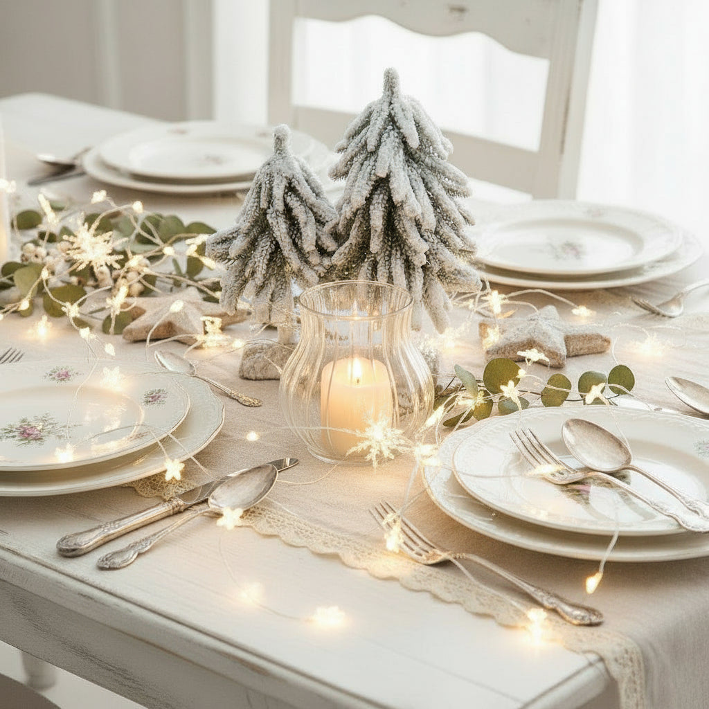 Two snow-covered Christmas tree figurines on a wooden base against a wooden background brixbailey.com