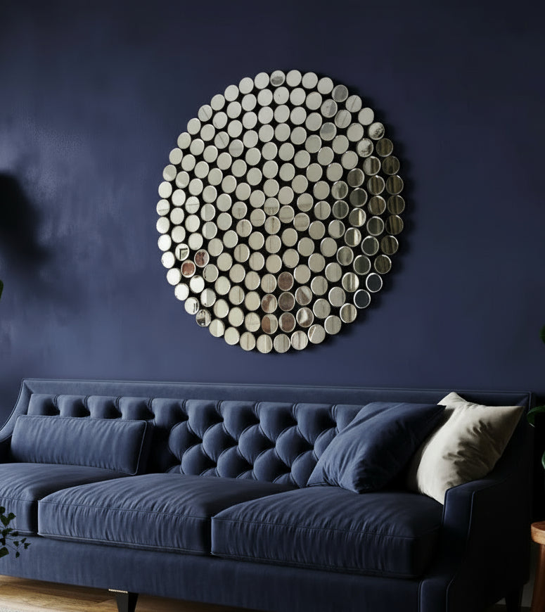 blue sofa in a living room with decorative wall art and plants. Brix + Bailey on Sostter