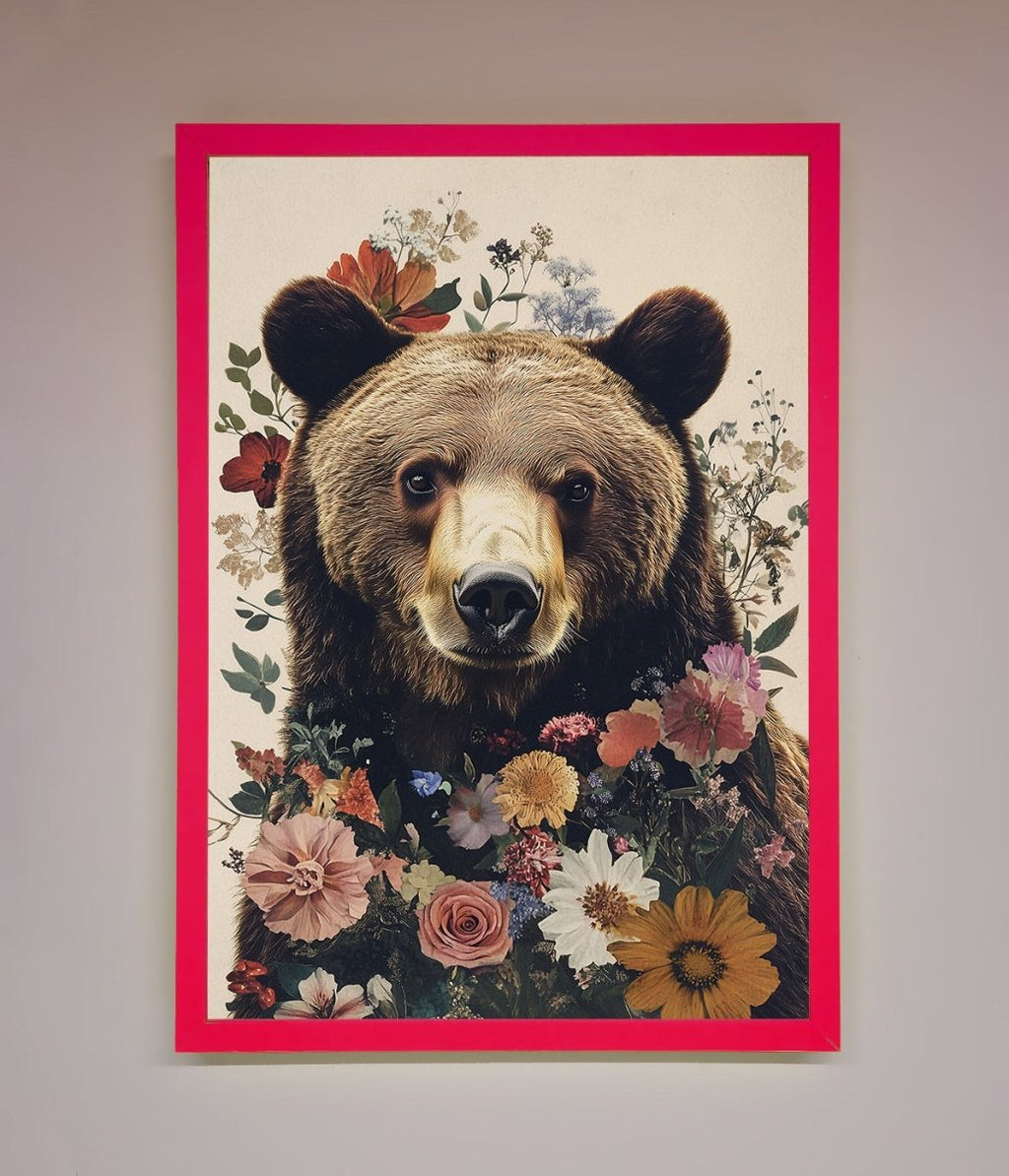 Brown Grizzly Bear Floral Framed Print