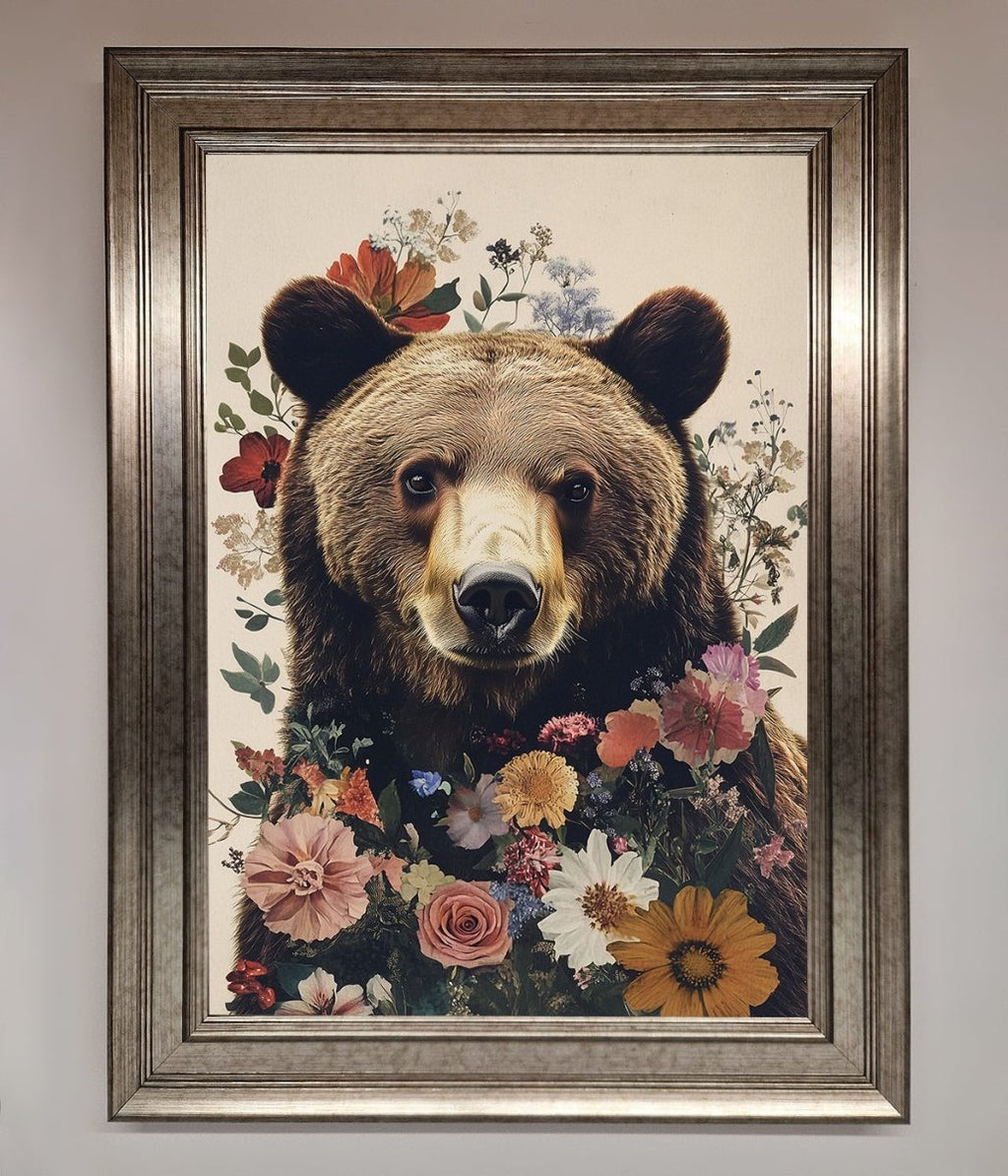 Brown Grizzly Bear Floral Framed Print