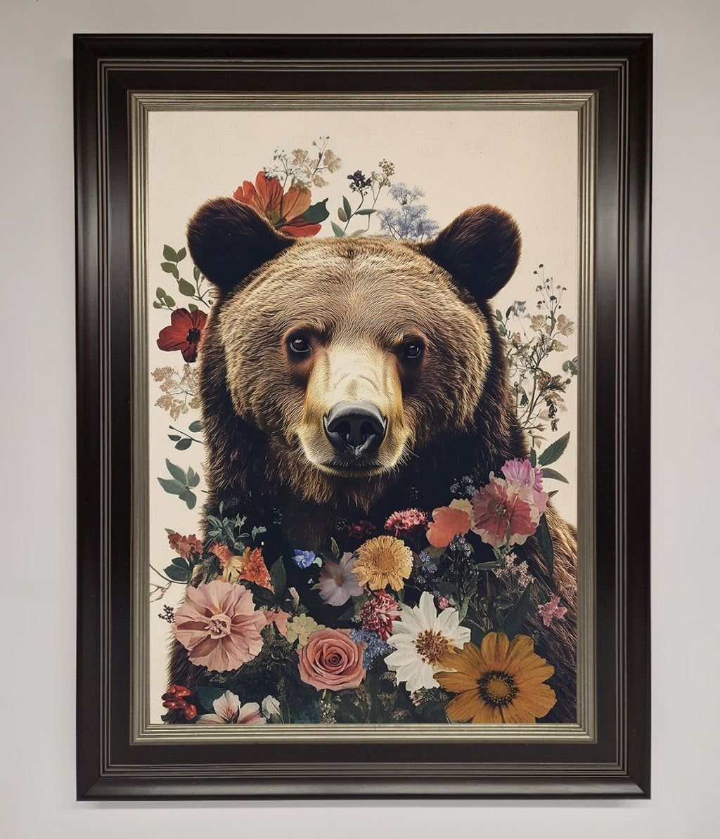 Brown Grizzly Bear Floral Framed Print