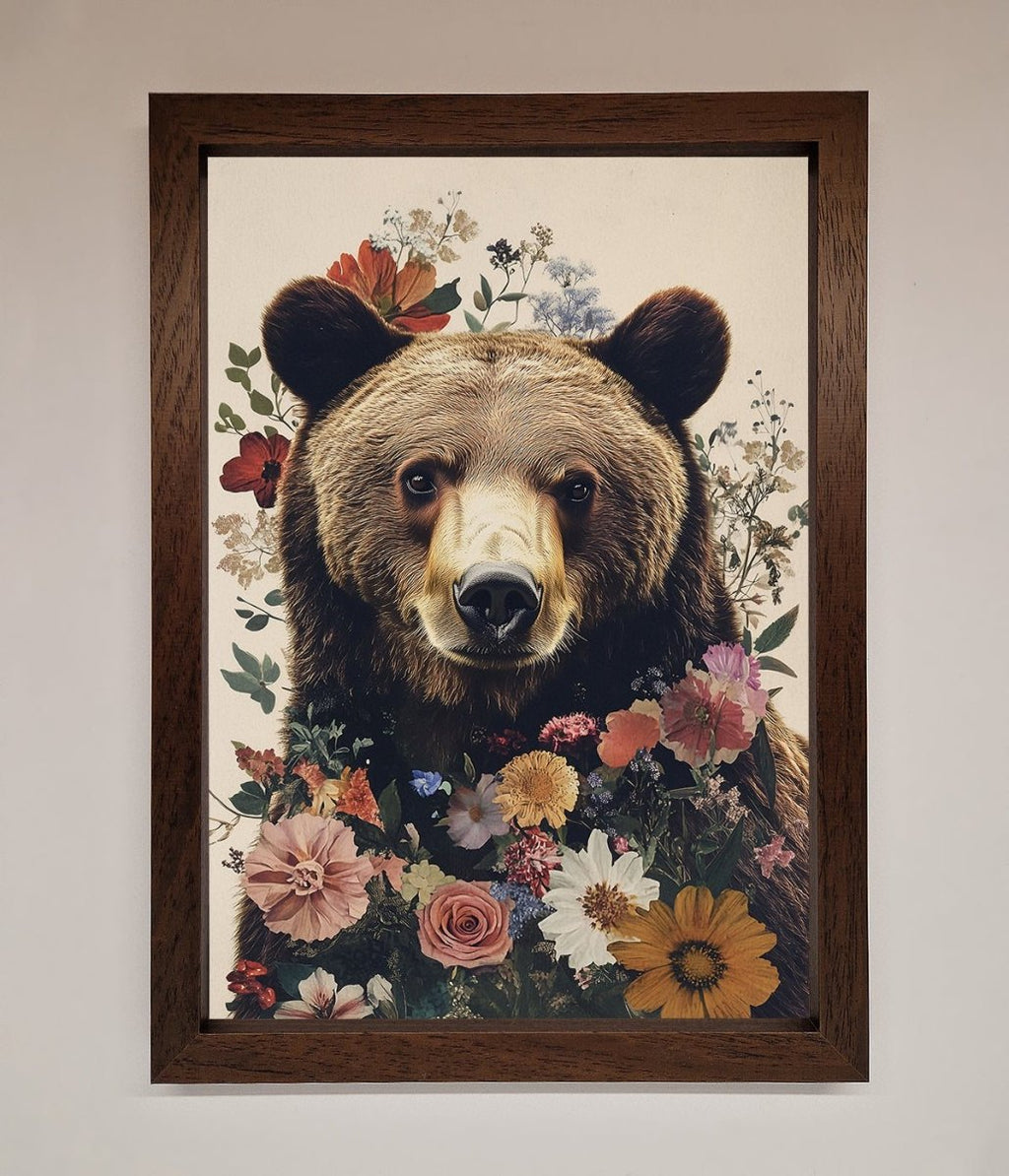Brown Grizzly Bear Floral Framed Print