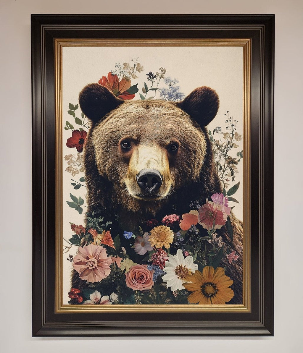 Brown Grizzly Bear Floral Framed Print