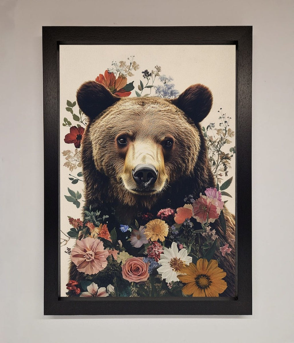 Brown Grizzly Bear Floral Framed Print