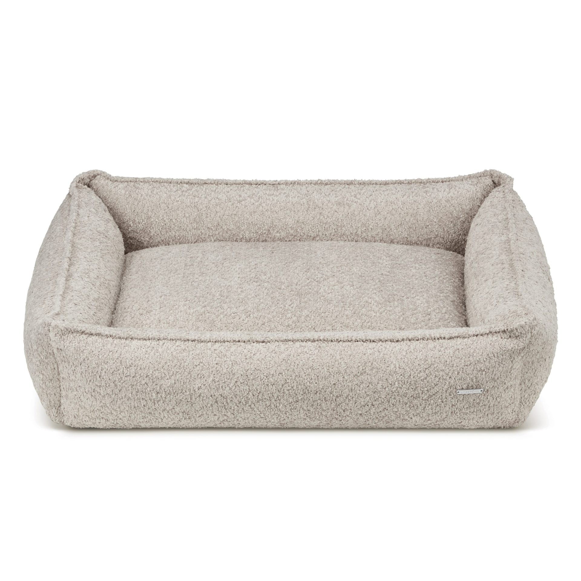 bold statement light beige boucle dog bed with high sides for security