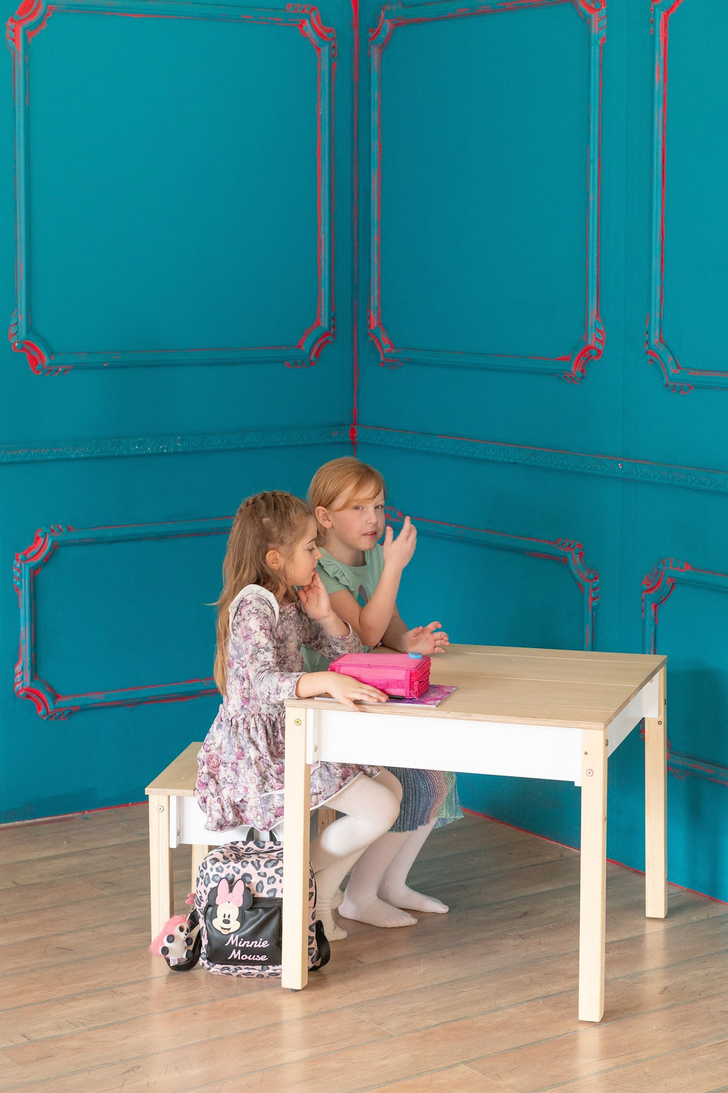 natural birch kids table and chair set with storage in a bright playroom