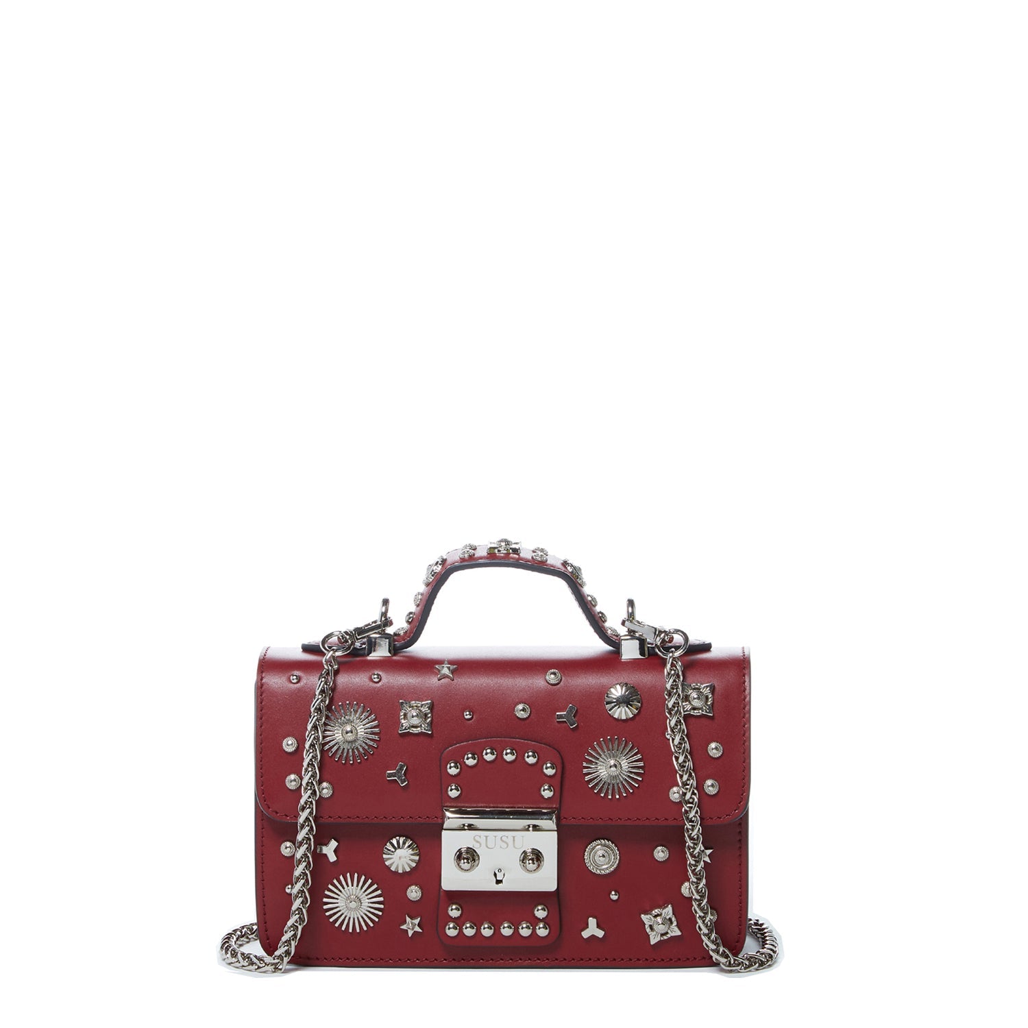 Studded Burgundy Leather Crossbody Bag