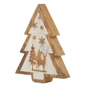 Handcrafted wooden winter forest decor with snow-laden trees, natural wood grain, and 3D carved details, 20cm centerpiece. by Sostter at brixbailey.com