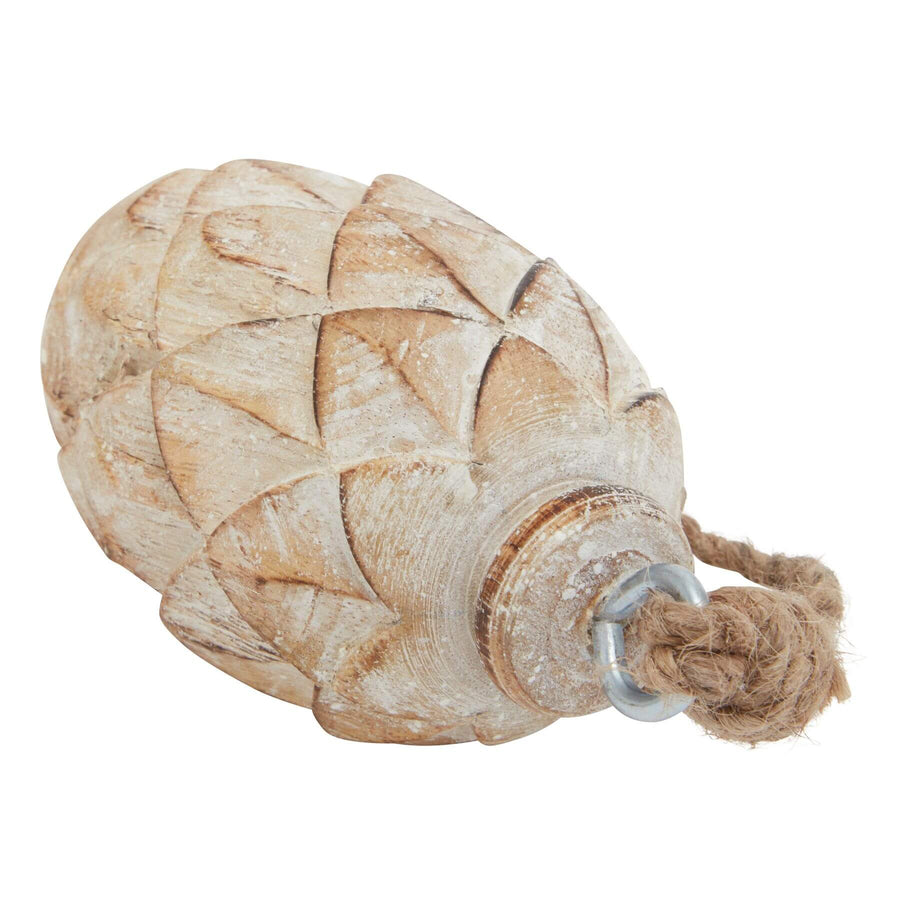 White-washed pine cone ornament with natural wood texture, luminous white finish, and organic modern holiday decor style. by Sostter at brixbailey.com