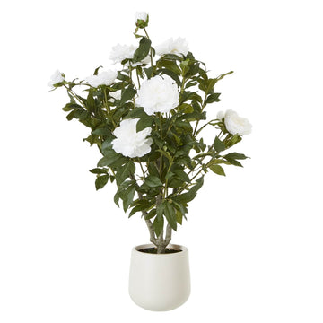 Lifelike white peony bush with lush green foliage, perfect for home decor, 106cm tall faux botanical arrangement by Sostter at brixbailey.com