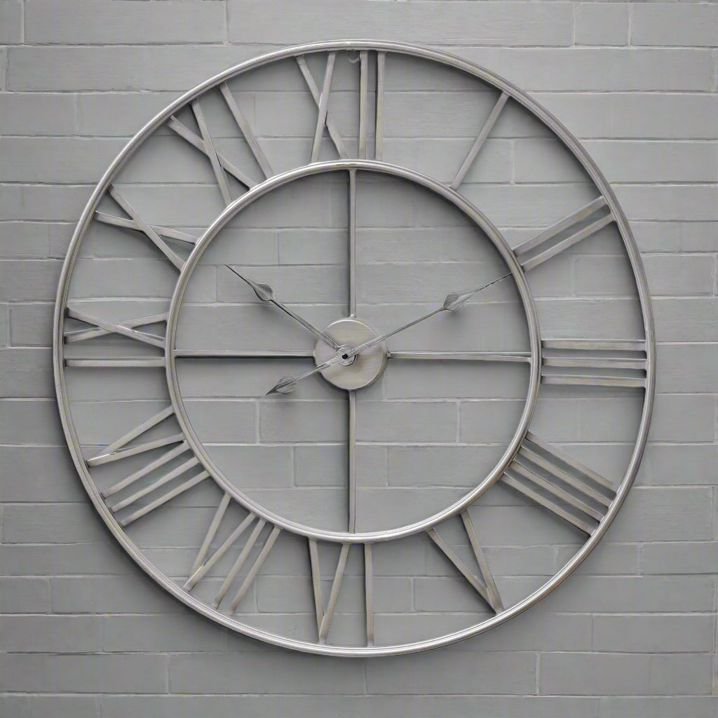Large silver skeleton wall clock with exposed gears, 60cm diameter, industrial metal design, quartz movement. by sostter at brixbailey.com