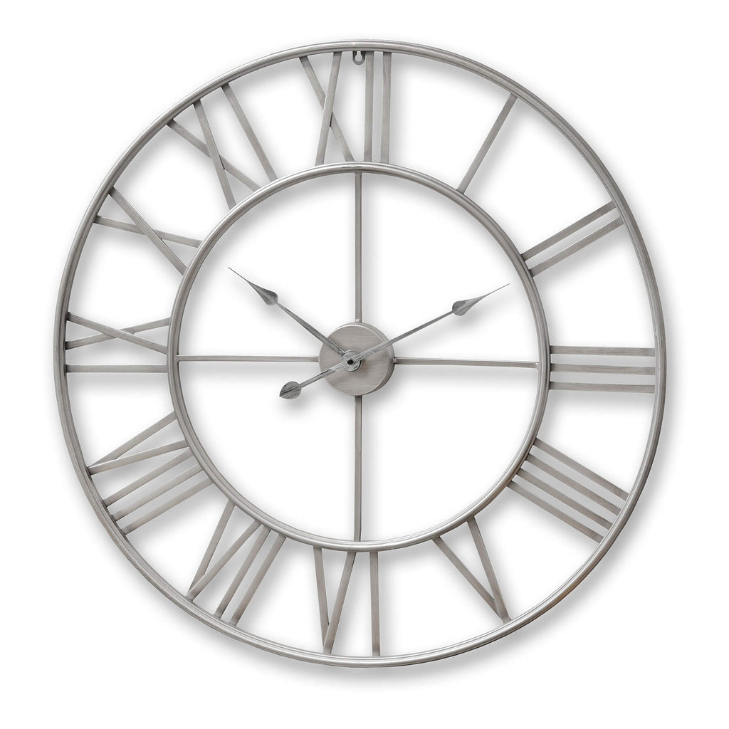 Large silver skeleton wall clock with exposed gears, 60cm diameter, industrial metal design, quartz movement. by Sostter at brixbailey.com