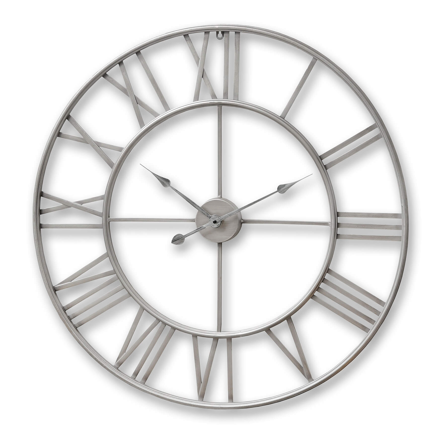 Large silver skeleton wall clock with exposed gears, 60cm diameter, industrial metal design, quartz movement. by Sostter at brixbailey.com