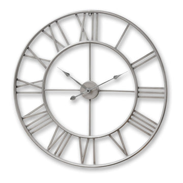 Large silver skeleton wall clock with exposed gears, 60cm diameter, industrial metal design, quartz movement. by Hill Interiors at brixbailey.com