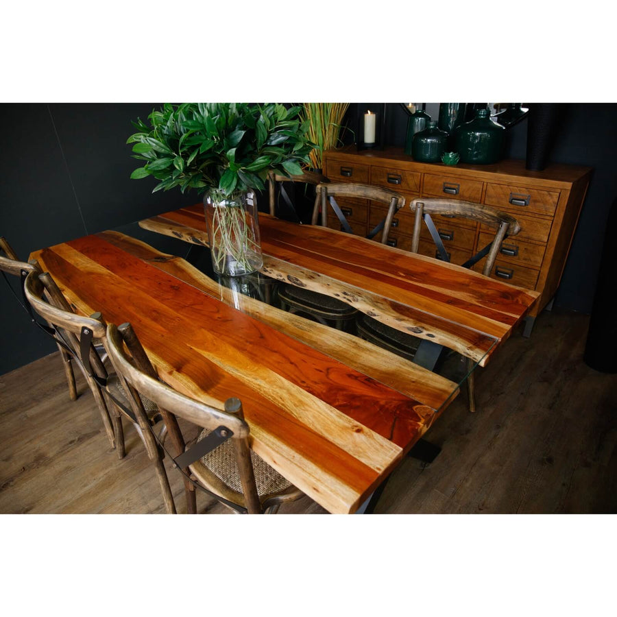 Live edge river dining table with acacia wood slab, tempered glass center, and black steel legs, seats 6-8. by Sostter at brixbailey.com
