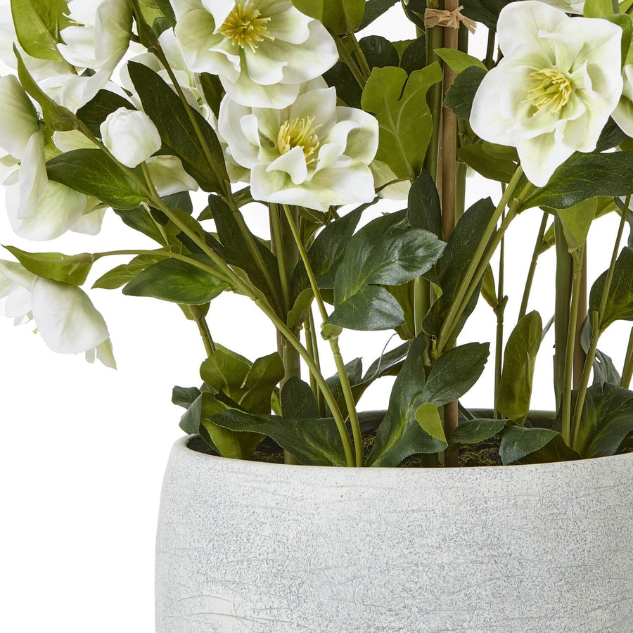 White faux hellebore floral arrangement in grey planter, lifelike blooms with green stems, home decor centerpiece by Sostter at brixbailey.com