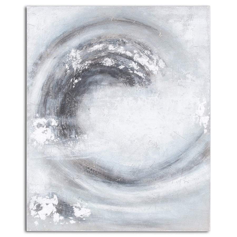Silver and grey abstract canvas art with textured brushstrokes, metallic accents, and premium wood frame, 100x80cm by Sostter at brixbailey.com