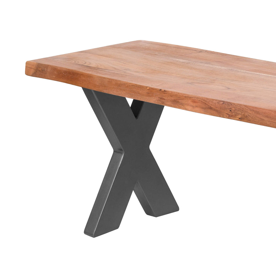 Handcrafted live edge acacia wood bench with natural grain and grey metal frame, rustic-modern design. by Sostter at brixbailey.com