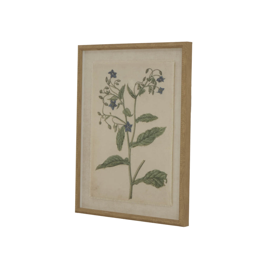 Handcrafted borage botanical artwork on linen canvas with beaded brown frame, 50x40cm, neutral tones for elegant wall decor by Sostter at brixbailey.com
