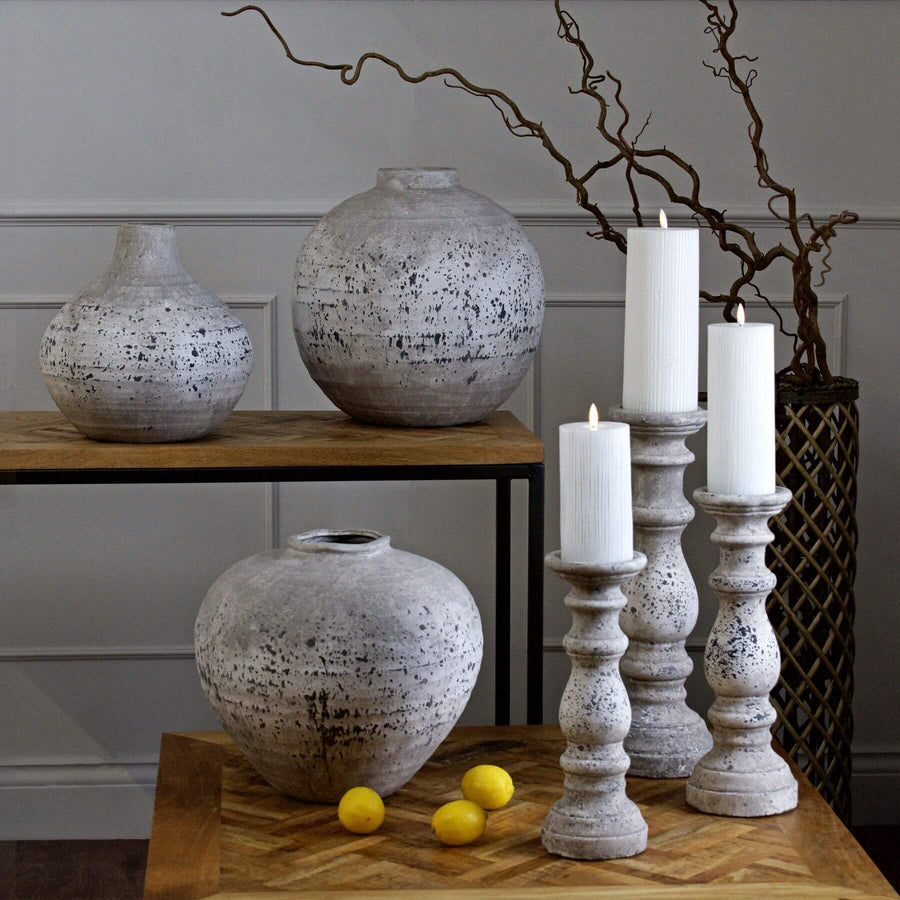 Handcrafted stone ceramic vase in gray-beige, organic texture, 26cm tall, for modern or rustic home decor by Sostter at brixbailey.com