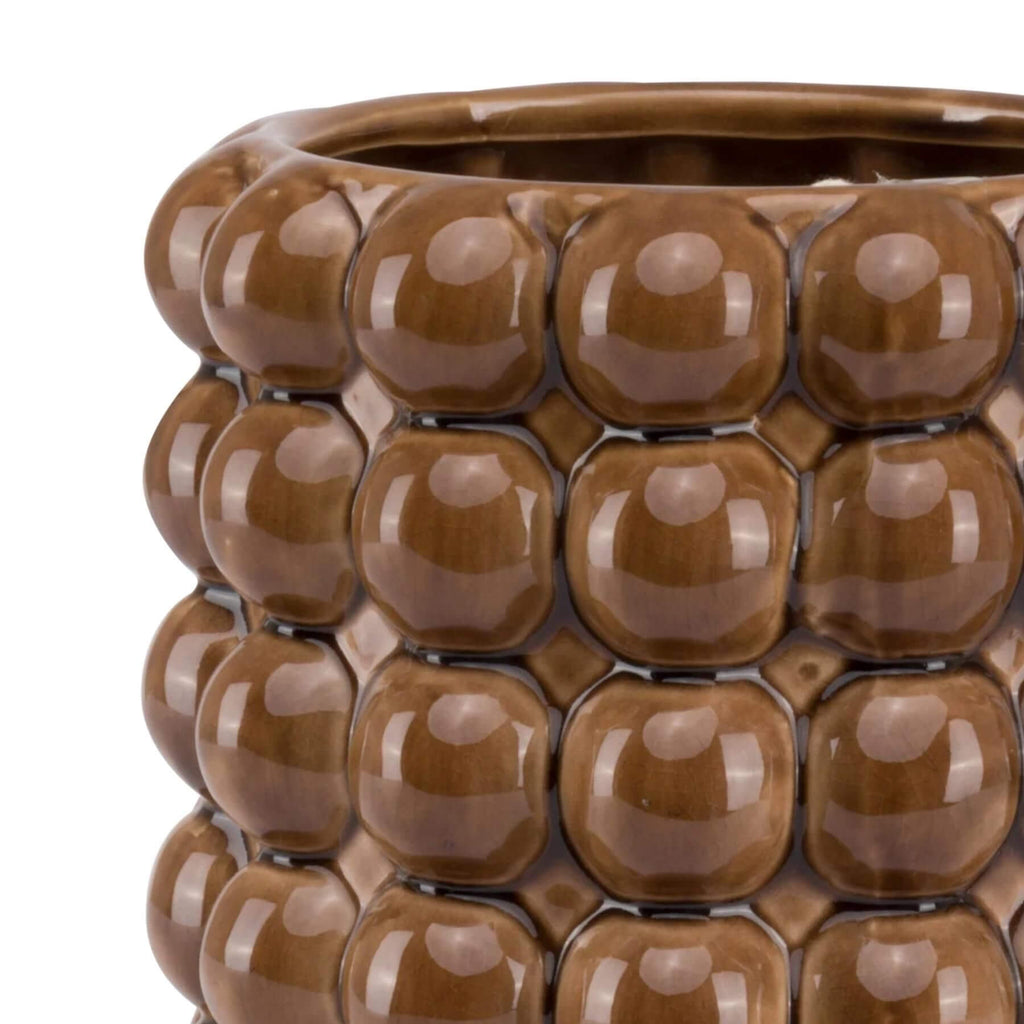 Handcrafted caramel ceramic planter with bubble texture, 20cm, modern organic decor for plants or floral arrangements by Sostter at brixbailey.com