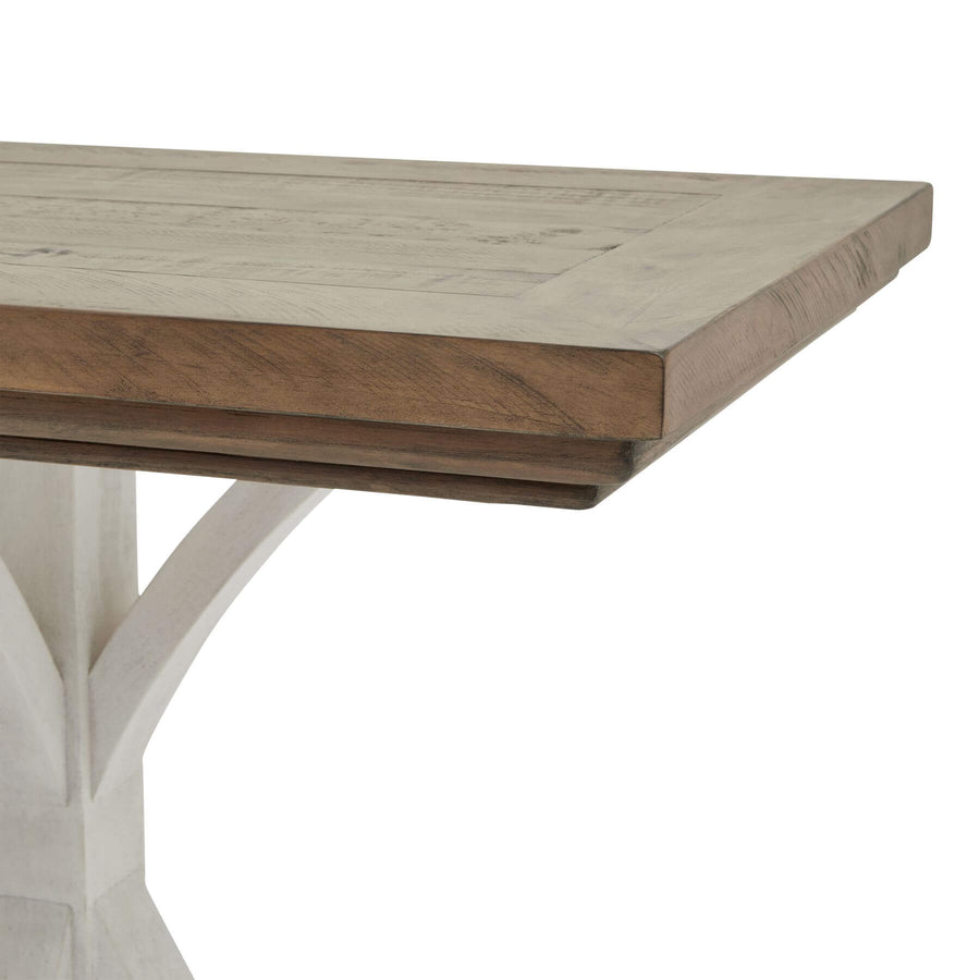 Handcrafted pine console table with mid-tone stain and white base, rustic-modern farmhouse design for entryway or living room by Sostter at brixbailey.com