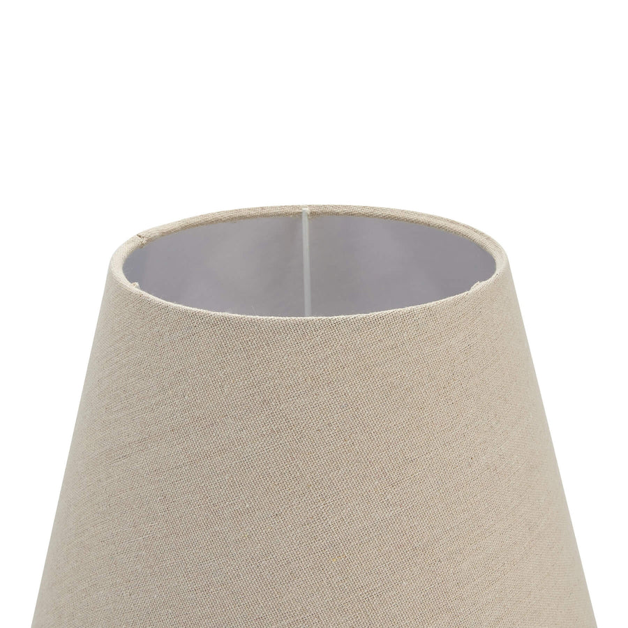 Handcrafted grey-washed wood table lamp with natural linen shade, warm brown neutral tones, 50cm height. by Sostter at brixbailey.com