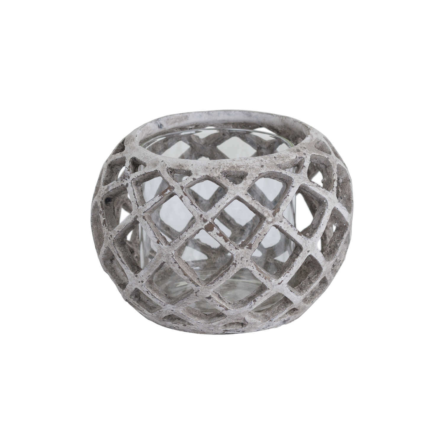 Handcrafted ceramic hurricane lantern with geometric lattice design, casting mesmerizing light patterns in neutral stone finish. by Sostter at brixbailey.com