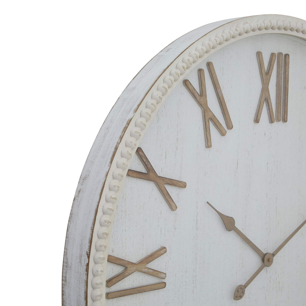 Artisan wooden bead frame clock with white dial, 80cm diameter, rustic-modern wall decor for farmhouse or contemporary interiors by sostter at brixbailey.com
