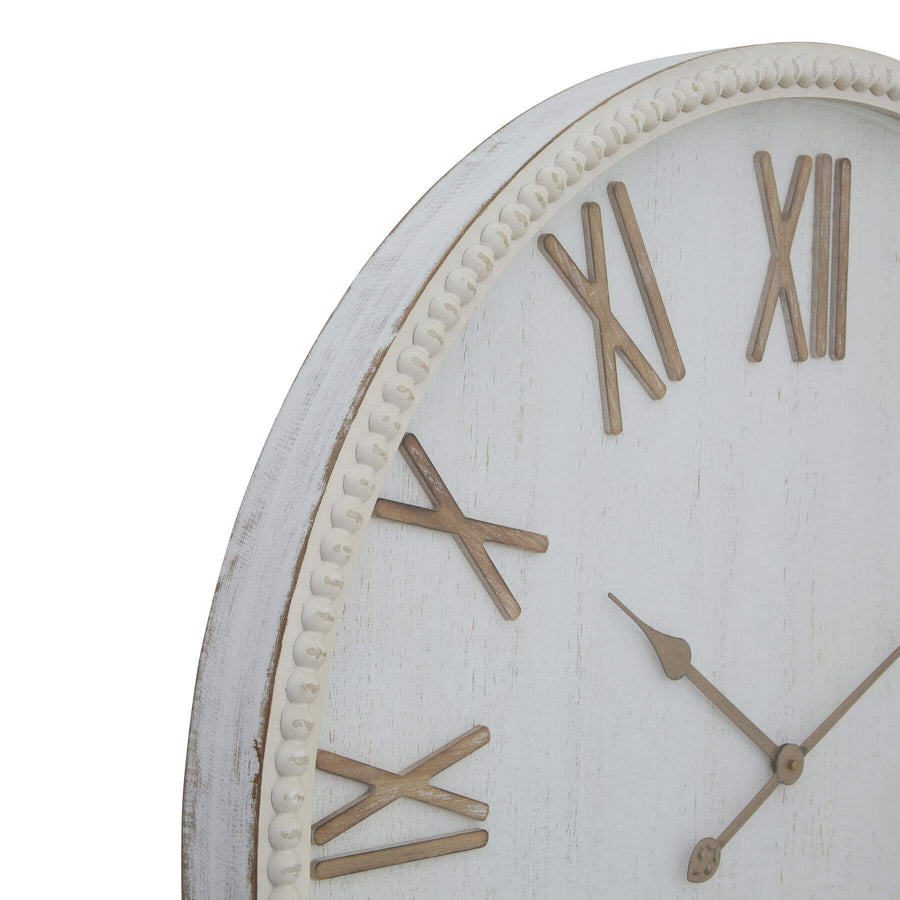Artisan wooden bead frame clock with white dial, 80cm diameter, rustic-modern wall decor for farmhouse or contemporary interiors by Sostter at brixbailey.com