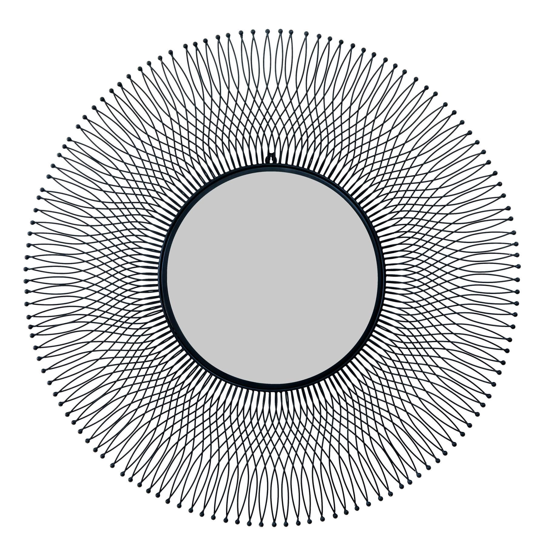 Black geometric wire mirror with industrial design, 109cm circular tempered glass, casting dynamic shadows in modern interiors by Sostter at brixbailey.com