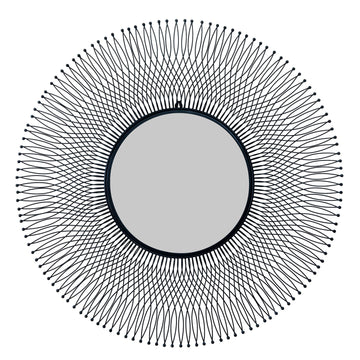 Black geometric wire mirror with industrial design, 109cm circular tempered glass, casting dynamic shadows in modern interiors by Sostter at brixbailey.com