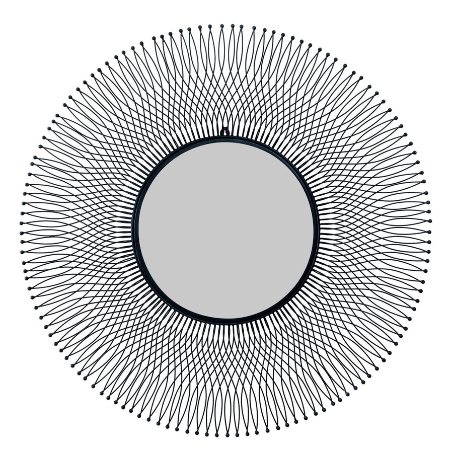 Black geometric wire mirror with industrial design, 109cm circular tempered glass, casting dynamic shadows in modern interiors by Sostter at brixbailey.com