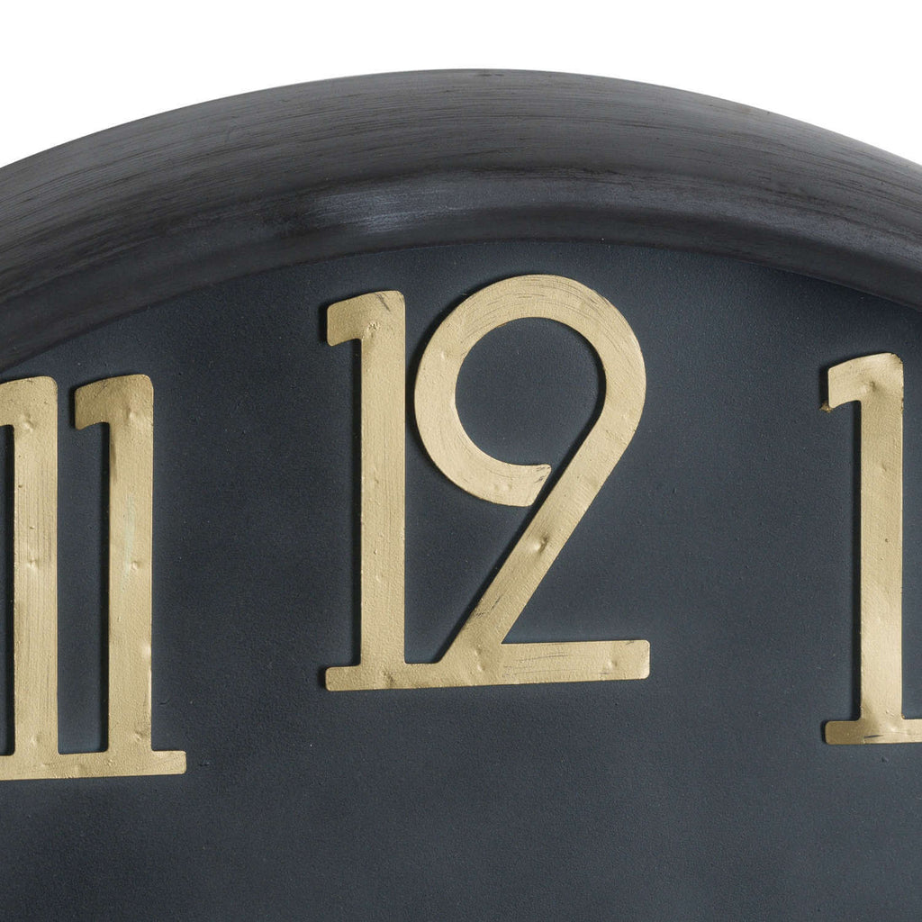 Retro-modern wall clock with brass numerals on black glass face, 80cm diameter, vintage-inspired statement piece by Sostter at brixbailey.com