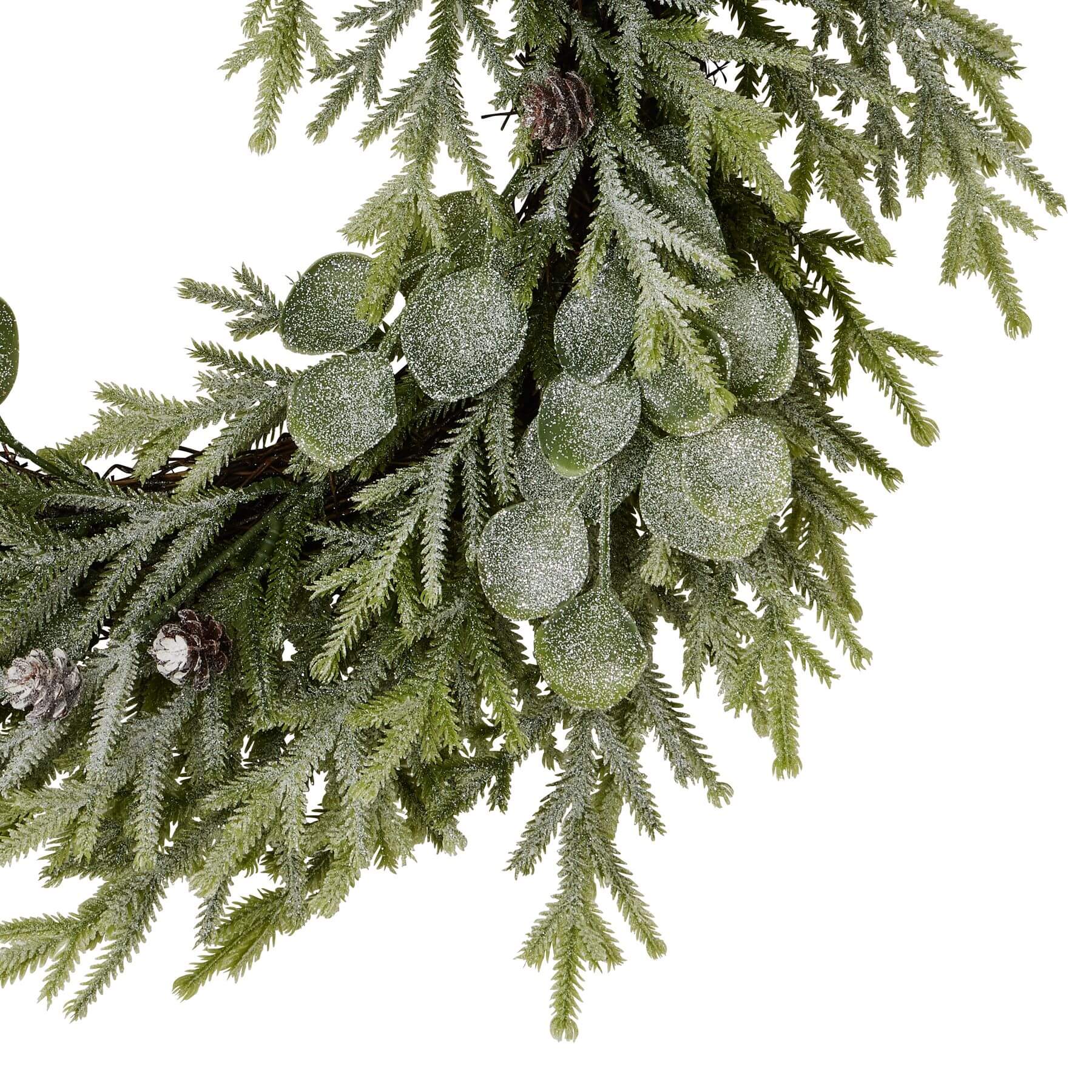 Frosted pine and eucalyptus winter wreath with silver-dusted needles and blue-green accents, 50cm diameter by Sostter at brixbailey.com