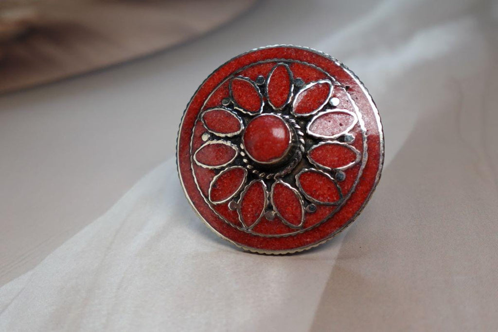 Boho Mandala Statement Rings – Handcrafted Tribal Inlay in Turquoise, Coral & Lapis.