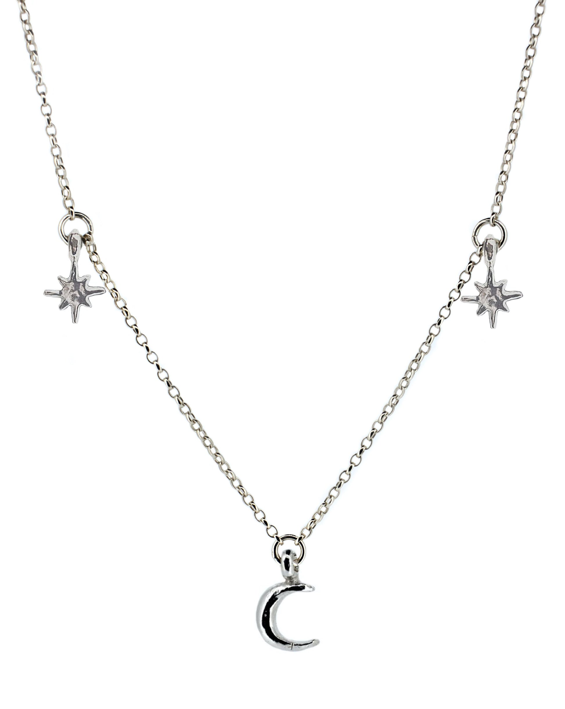 Crescent Moon with North Star Charm Necklace in Sterling Silver