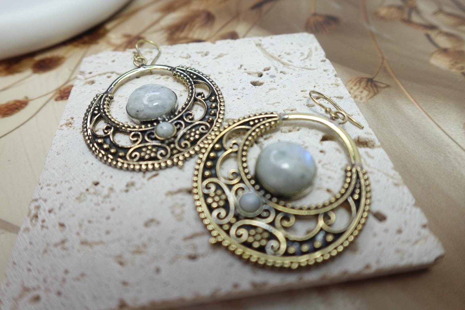 Boho Filigree Crescent Hoop Earrings with Natural Stone Center.