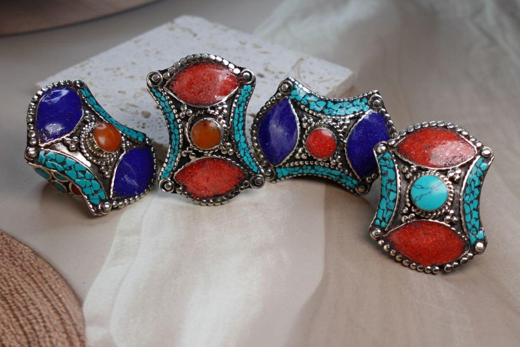 Tibetan Mosaic Heritage Rings – Boho Gemstone-Inspired Statement Rings.