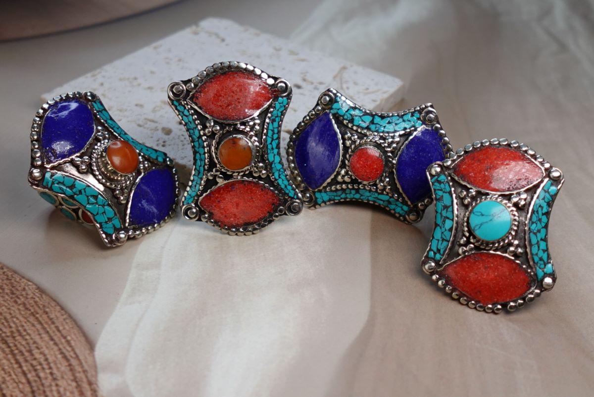 Tibetan Mosaic Heritage Rings – Boho Gemstone-Inspired Statement Rings.
