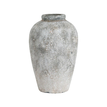 Handcrafted ceramic vase with weathered stone finish, 45cm tall, neutral hue, textured cylindrical design for floral arrangements. by Hill Interiors at brixbailey.com