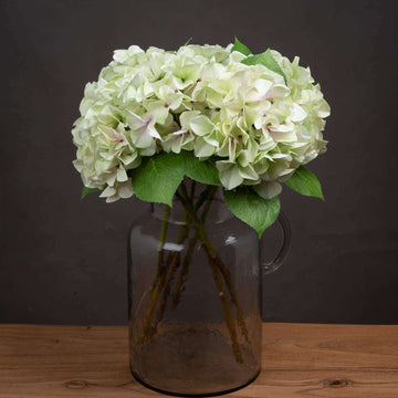 Lifelike artificial hydrangea stem in soft green, 50 cm tall, with realistic plastic petals for elegant home decor by Sostter at brixbailey.com