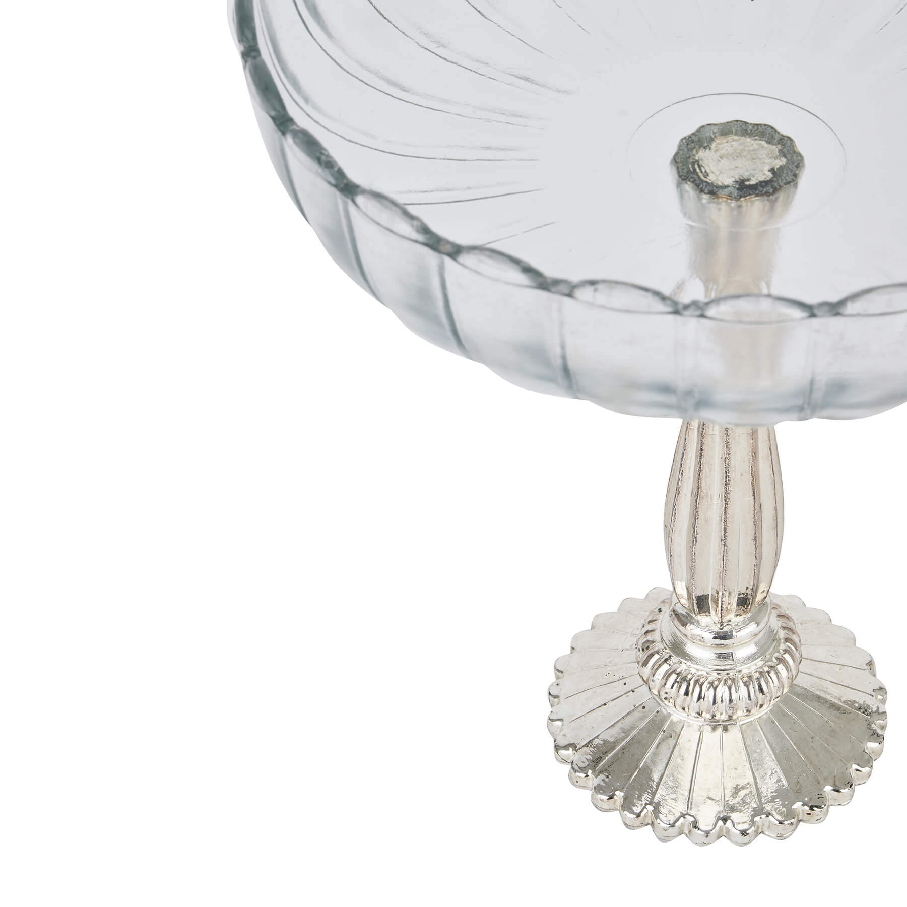 Silver mercury glass display bowl, 30cm diameter, handcrafted with antiqued finish for elegant tablescapes (124 chars) by RoomLondon at brixbailey.com