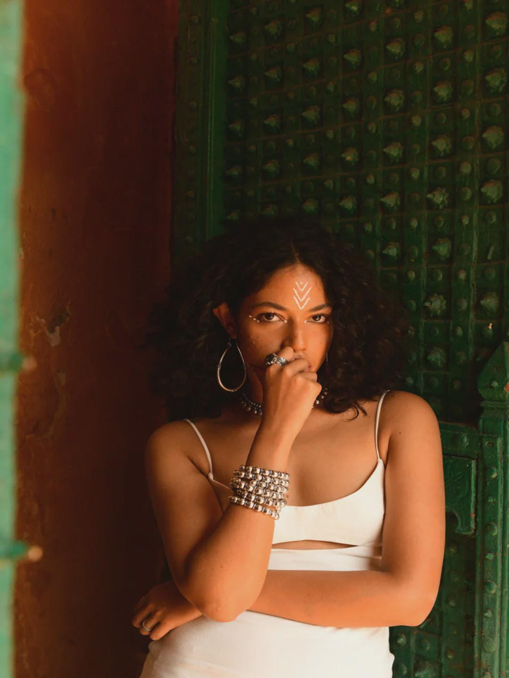 Beaded Orb Adjustable Brass/Sliver Cuff - Textured golden cuff with polished brass beads, crafted for a modern ethnic feel.