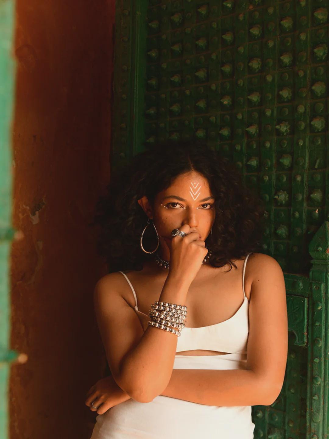 Beaded Orb Adjustable Brass/Sliver Cuff - Textured golden cuff with polished brass beads, crafted for a modern ethnic feel.