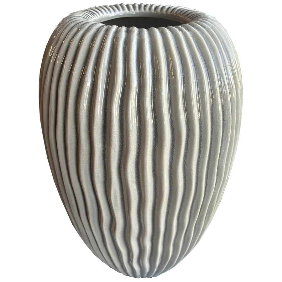 Tall brown ceramic striped vase, 33cm height, modern minimalist design with hand-finished linear motifs by Sostter at brixbailey.com