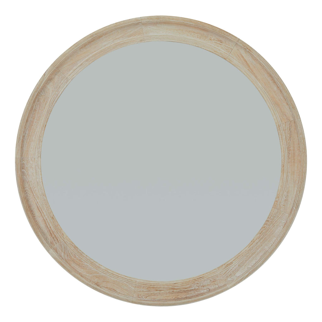 Handcrafted distressed wood mirror, 80cm round, antique white finish, enhances light and space in rustic or modern decor by Sostter at brixbailey.com